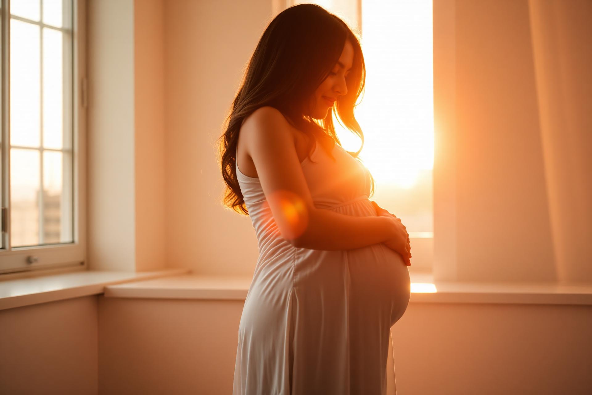 Pregnant mother in warm sunset light